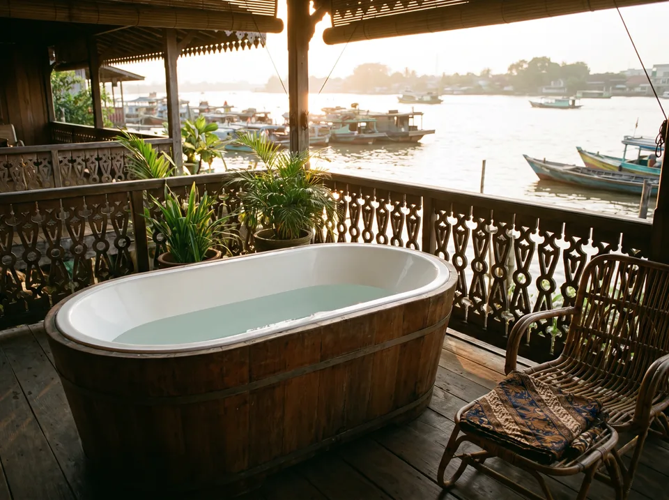 Bak teak oval dengan liner fiberglass putih di veranda tepi sungai Palembang