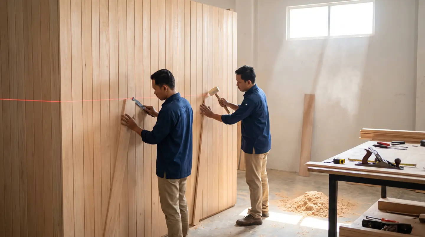 Tukang kayu mengoles minyak bangku cedar di bengkel Sauna Palembang