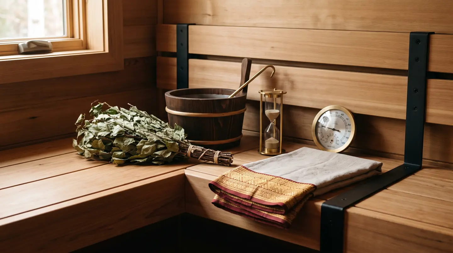 Aksesori sauna: veniki, ember kayu, gayung kuningan, jam pasir dan termometer