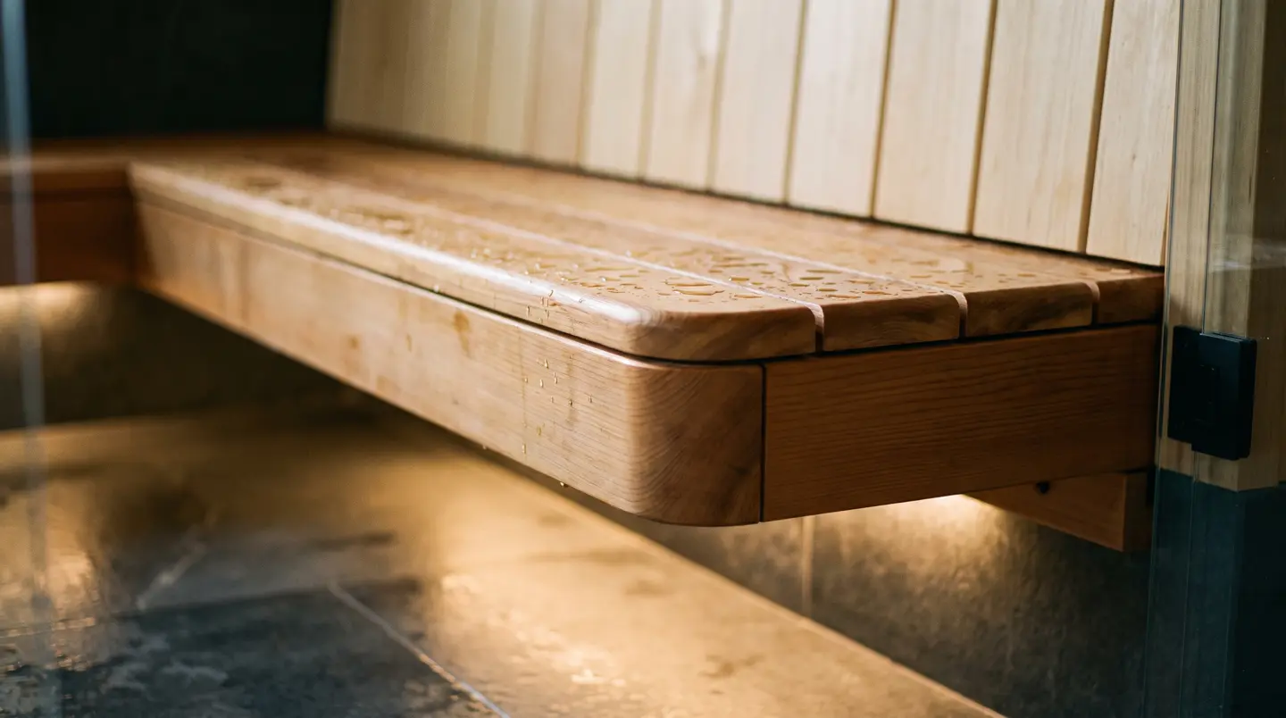Detail sambungan presisi bangku sauna kayu cedar dengan LED hangat tersembunyi