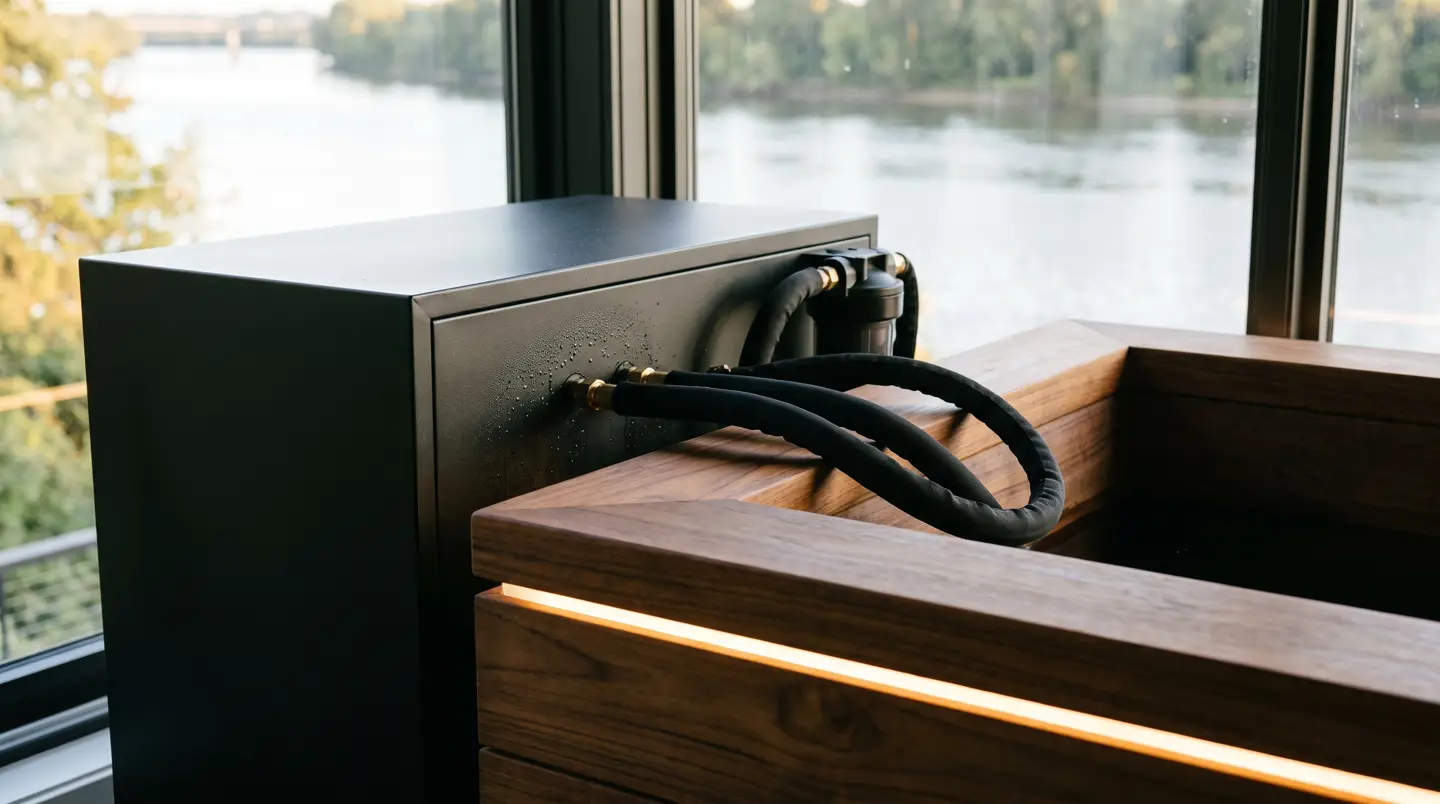 Detail chiller hitam modern dan selang terisolasi di samping ice bath kayu jati