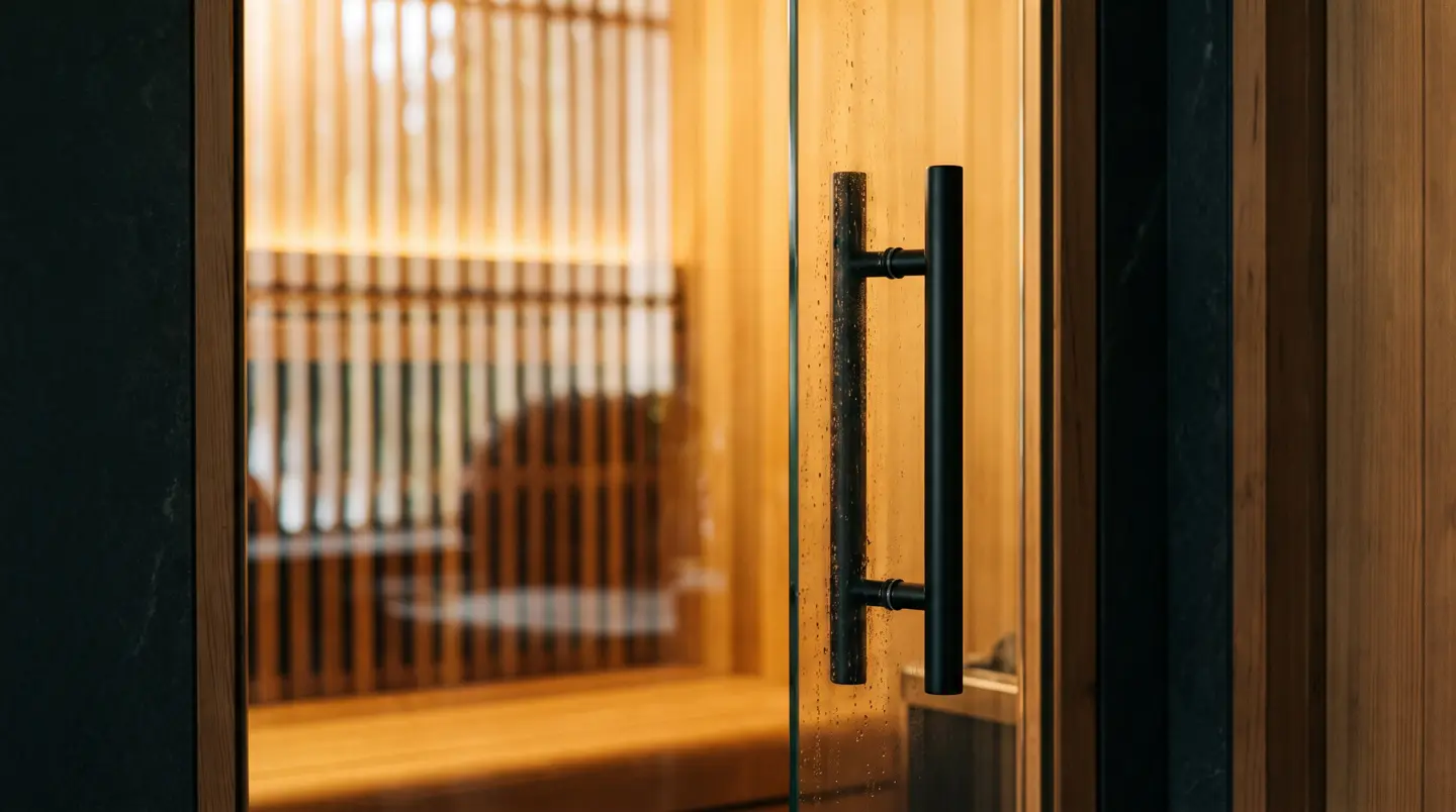 Detail pintu kaca tempered sauna dengan handle hitam matte dan seal magnetik