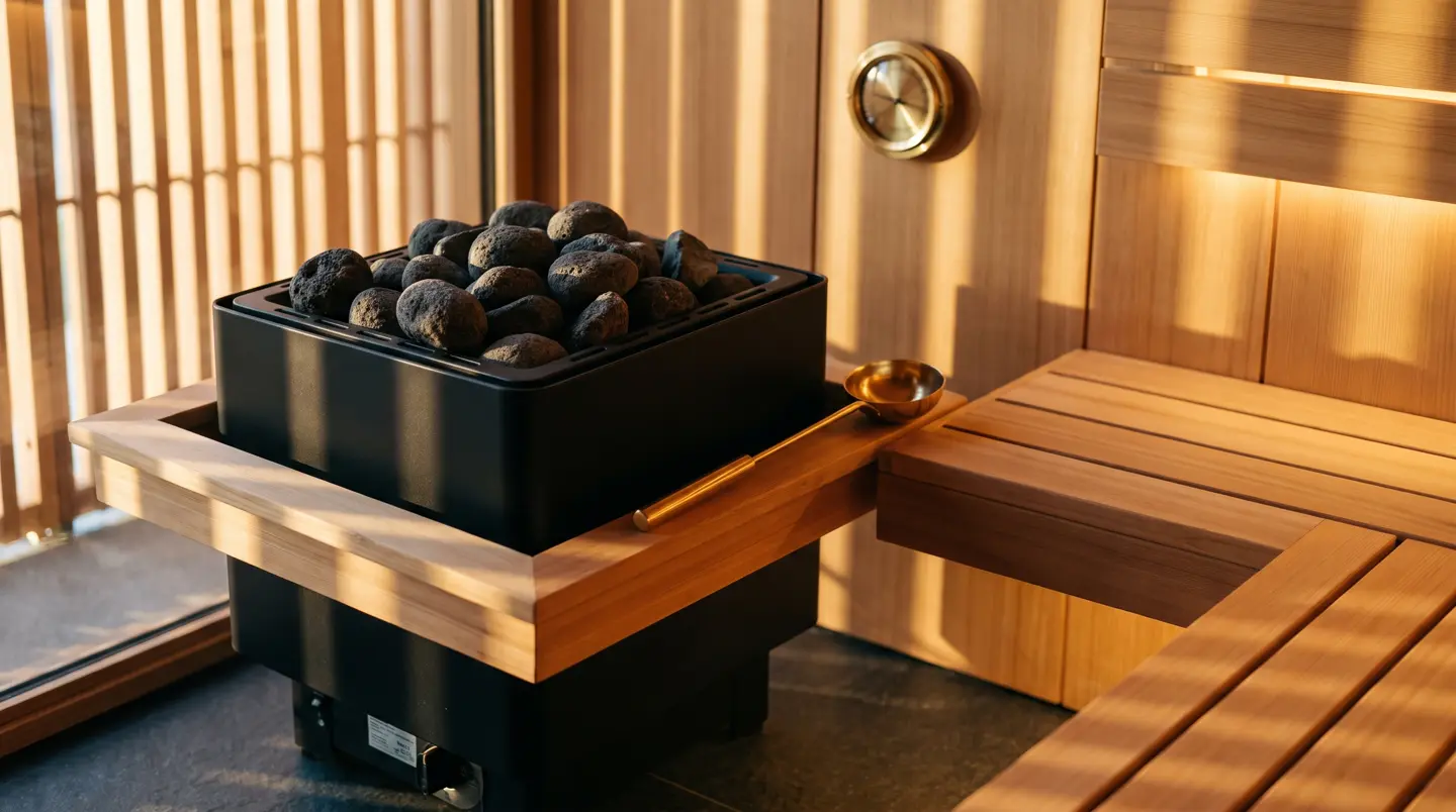 Detail heater sauna hitam berisi batu vulkanik dengan gayung kuningan dan termometer