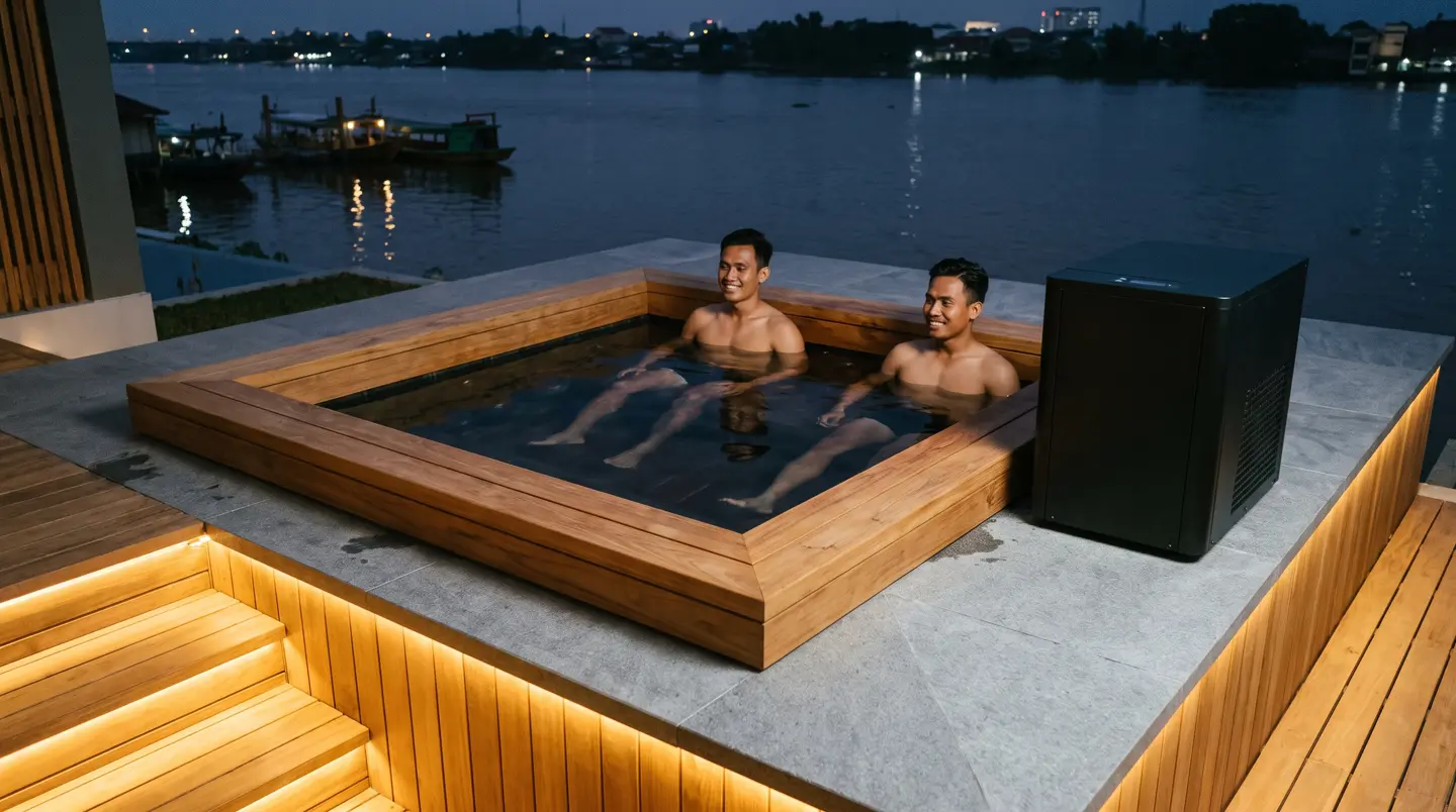 Kolam es kayu dengan chiller untuk pemulihan atlet dayung Palembang