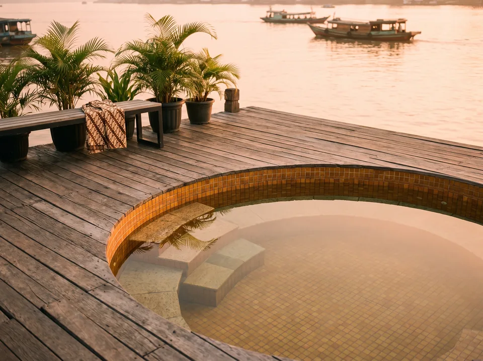 Kolam plunge bulat mosaik amber di dek kayu tepi Sungai Musi Palembang