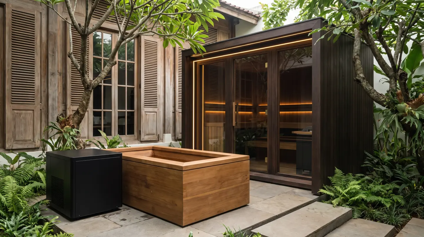 Sauna dan ice bath kayu jati terpasang di Ilir Barat I & Bukit Besar, Palembang