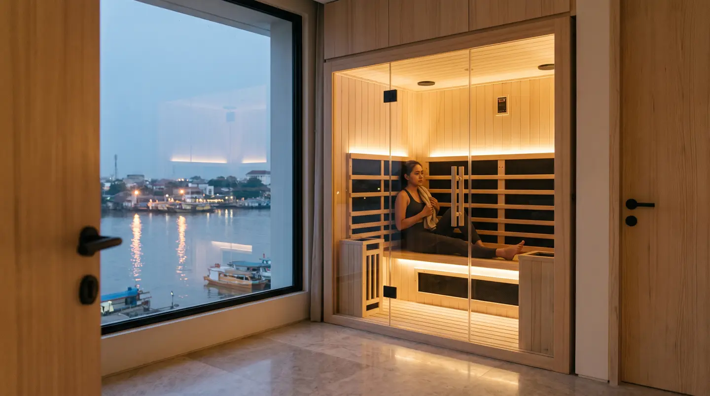 Kabin sauna infrared 1–2 orang di sudut kamar rumah Palembang