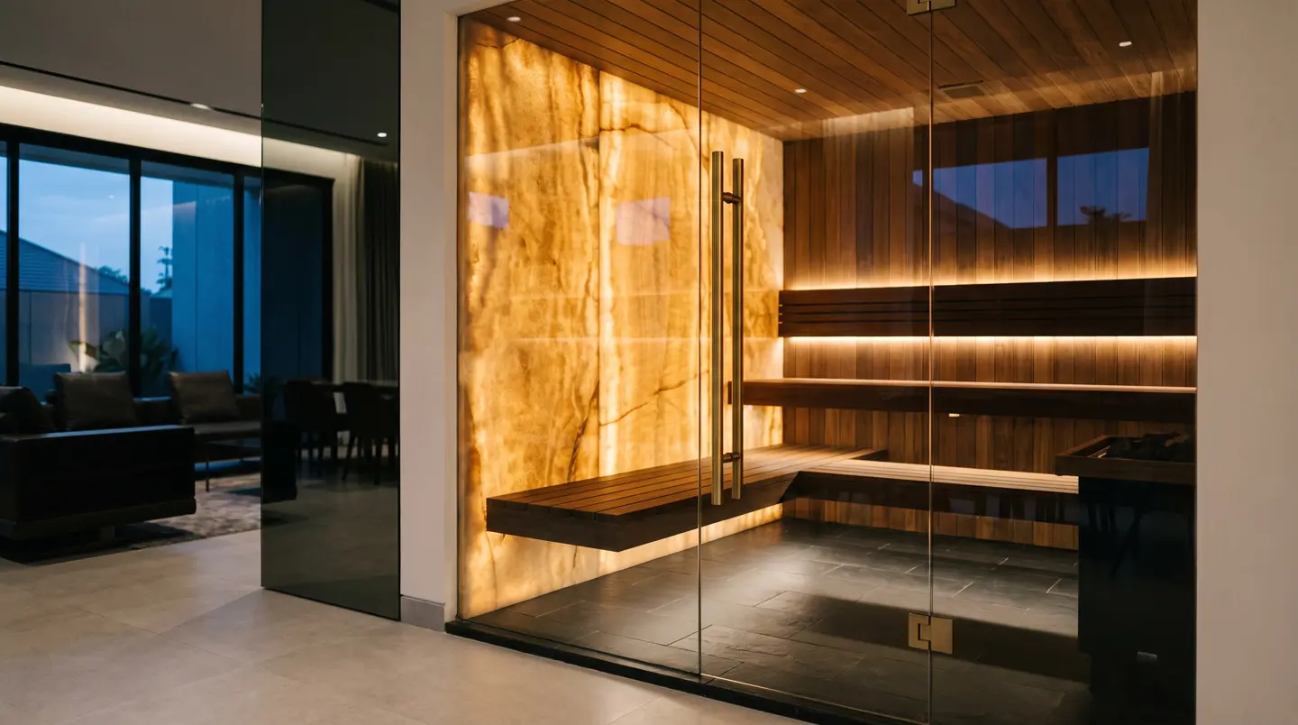 Sauna mewah custom dinding kaca dan onyx di rumah Talang Kelapa Palembang