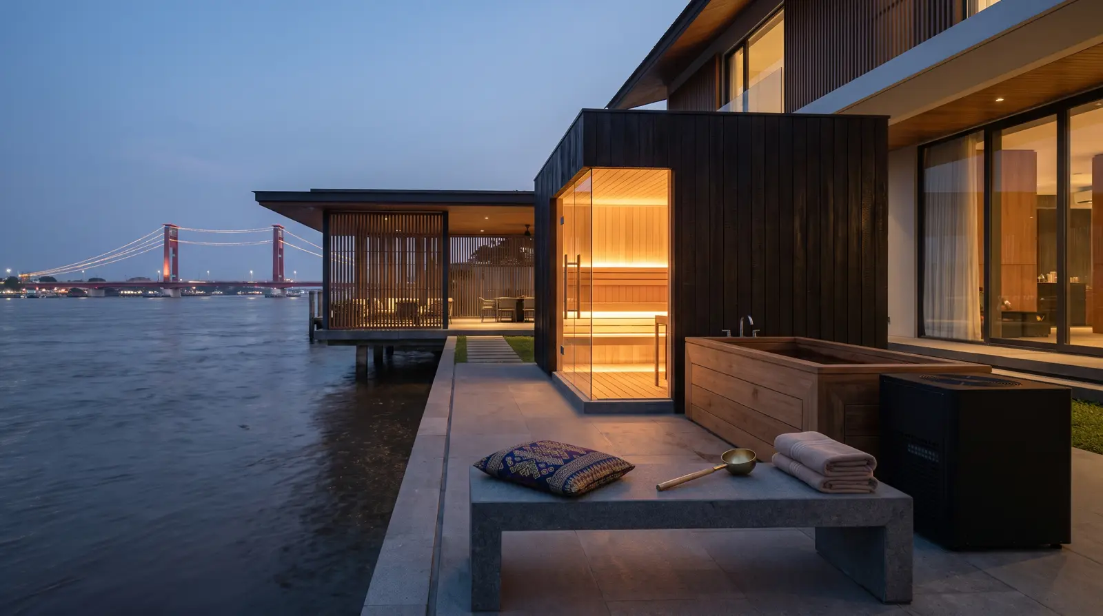 Kabin sauna cedar di teras rumah tepi Sungai Musi Palembang