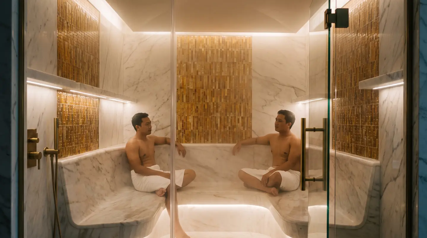 Steam room mosaik biru hijau dengan dua atlet dayung Palembang