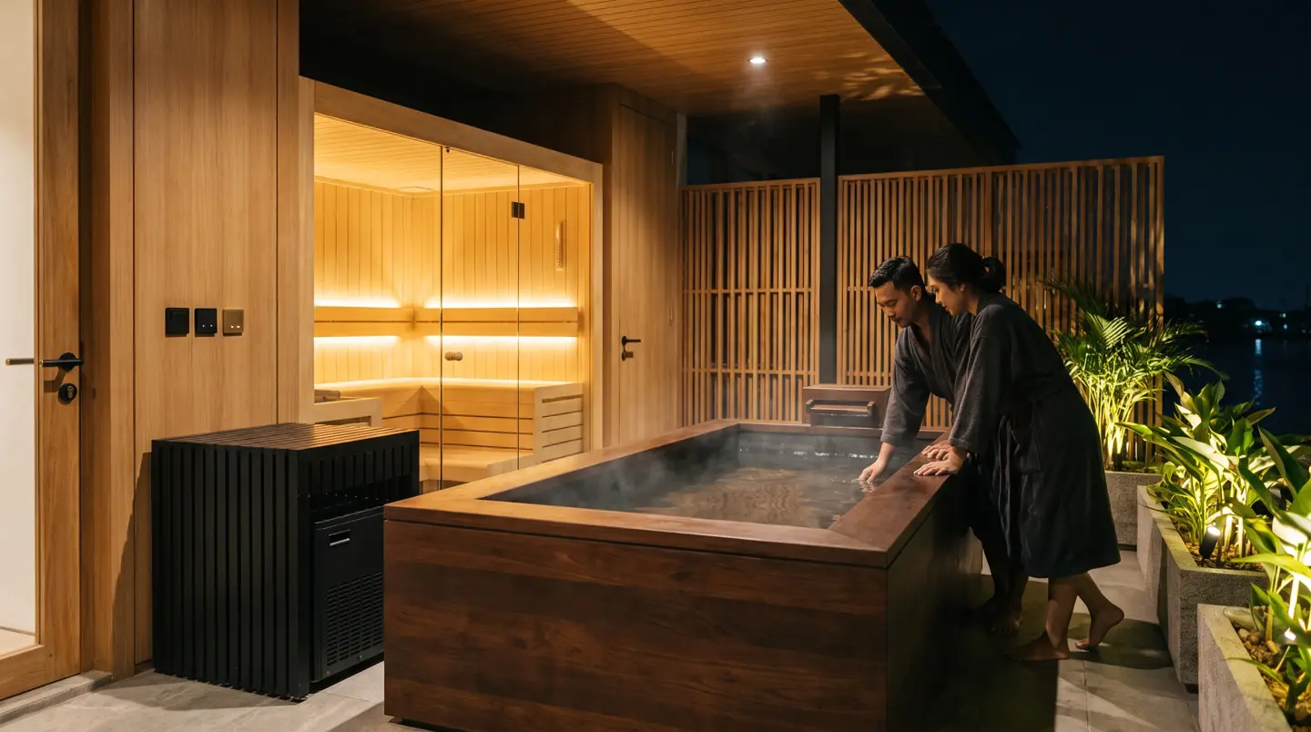 Teras wellness malam hari dengan sauna kaca menyala dan ice bath berchiller hitam di Palembang